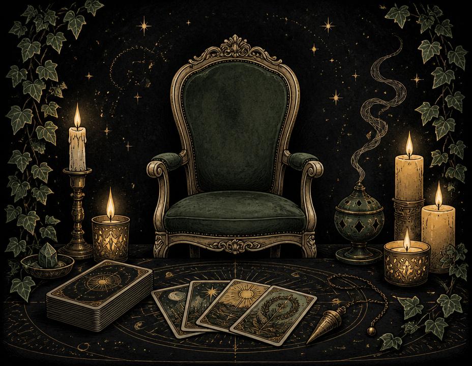 Channelled deity reading illustrated with ivy and mystical tools