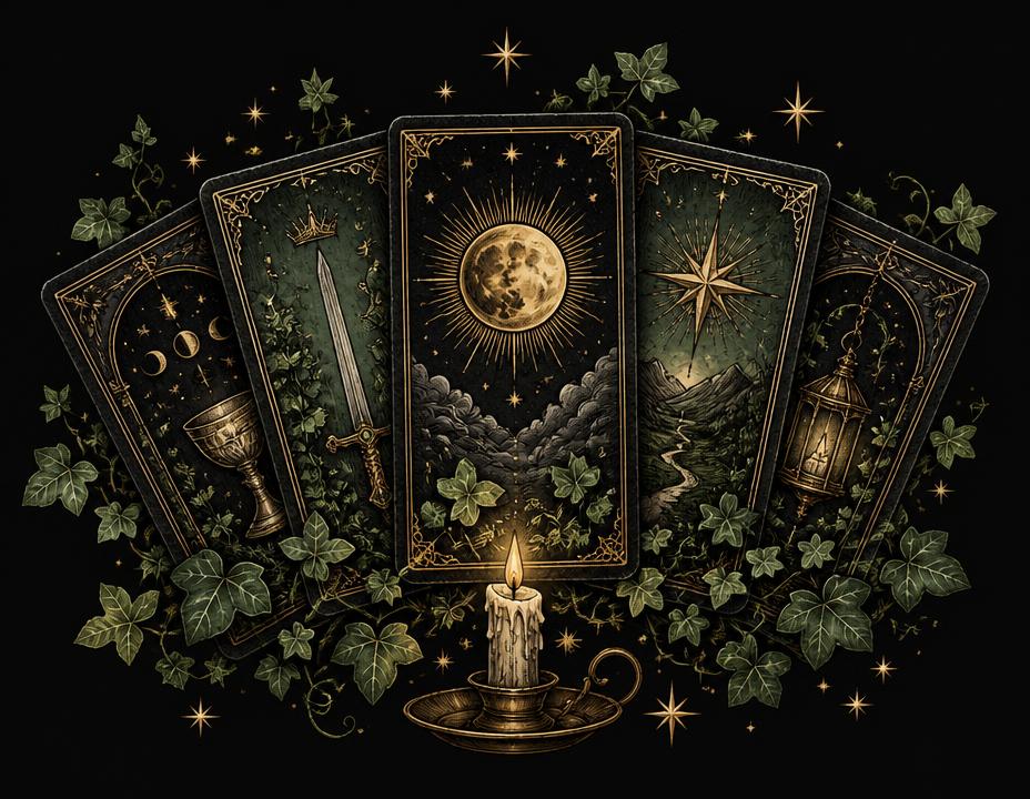Tarot reading illustrated with ivy and mystical tools