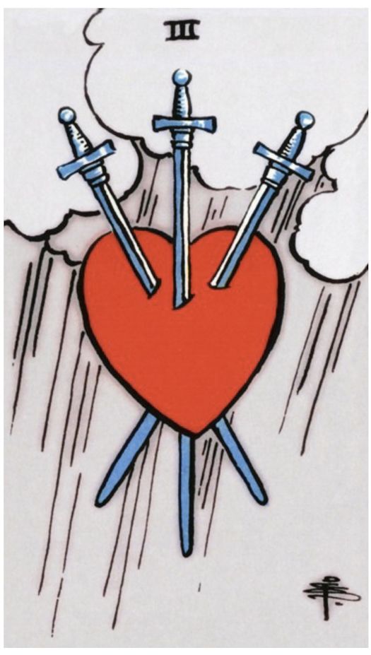 Three of Swords — upright, Rider–Waite
