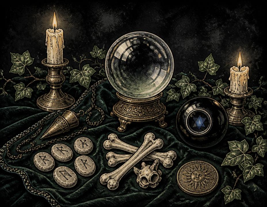 Five yes/no questions illustrated with ivy and mystical tools