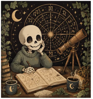 Astrology Foundations illustrated with a skeleton student, ivy and course materials
