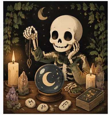 Divination Beyond Tarot illustrated with a skeleton student, ivy and course materials