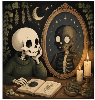Shadow Work illustrated with a skeleton student, ivy and course materials