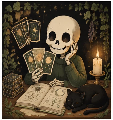 Tarot for Beginners illustrated with a skeleton student, ivy and course materials