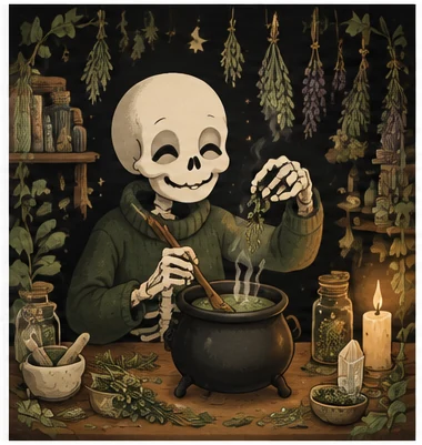 Witchcraft Basics illustrated with a skeleton student, ivy and course materials