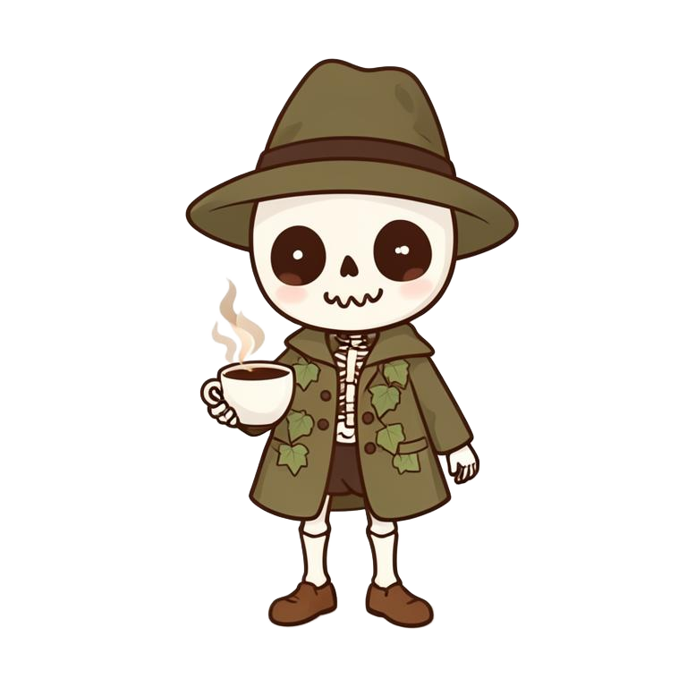 Skeleton with coffee and grimoire pages