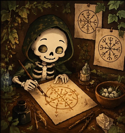 Sigils & Bindrunes illustrated with cosy tarot tools and ivy