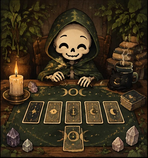 Tarot and Runes illustrated with cosy tarot tools and ivy